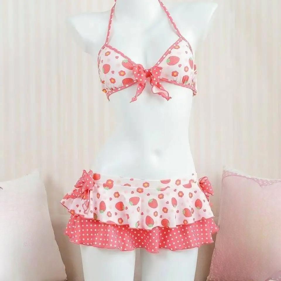 Japanese Style Kawaii Girls Swimsuit Sweet Printed Halter Bikini Swimsuit Women Ruffle Bikini Set
