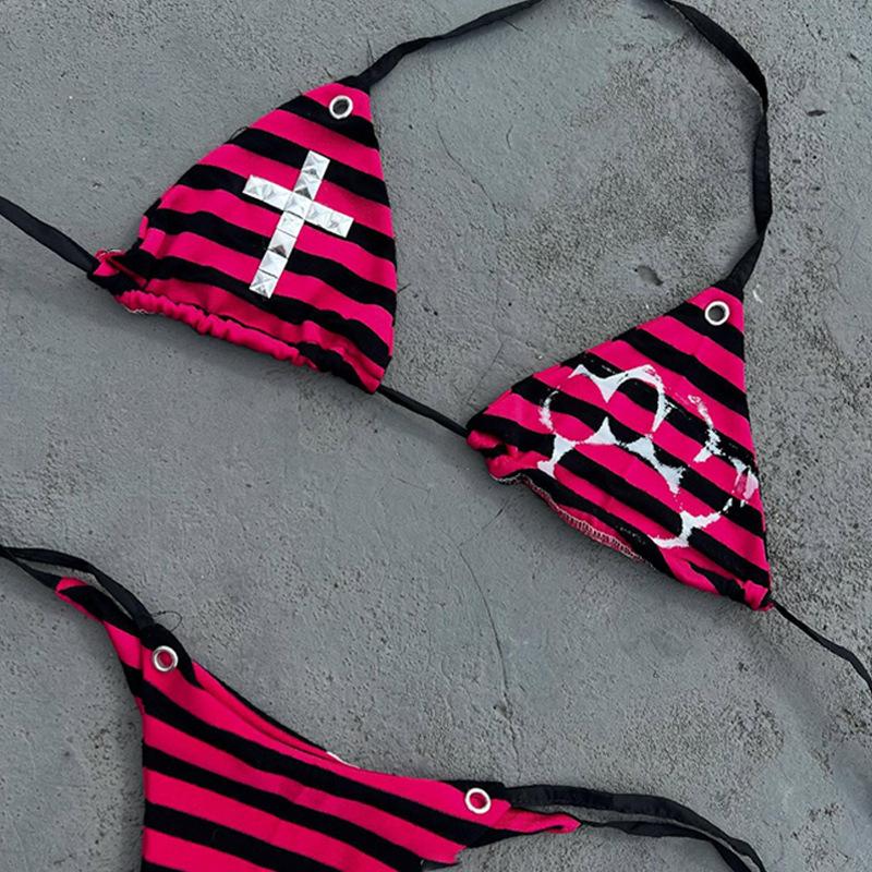 Strappy triangle cup bikini set, sexy subculture gothic style thong swimsuit, beach vacation
