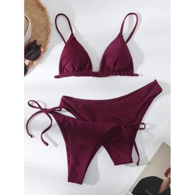 Sexy 3 Piece Bikini Set Women Solid Blue Purple Push Up Bandage Triangle Swimsuit Brazilian Beach