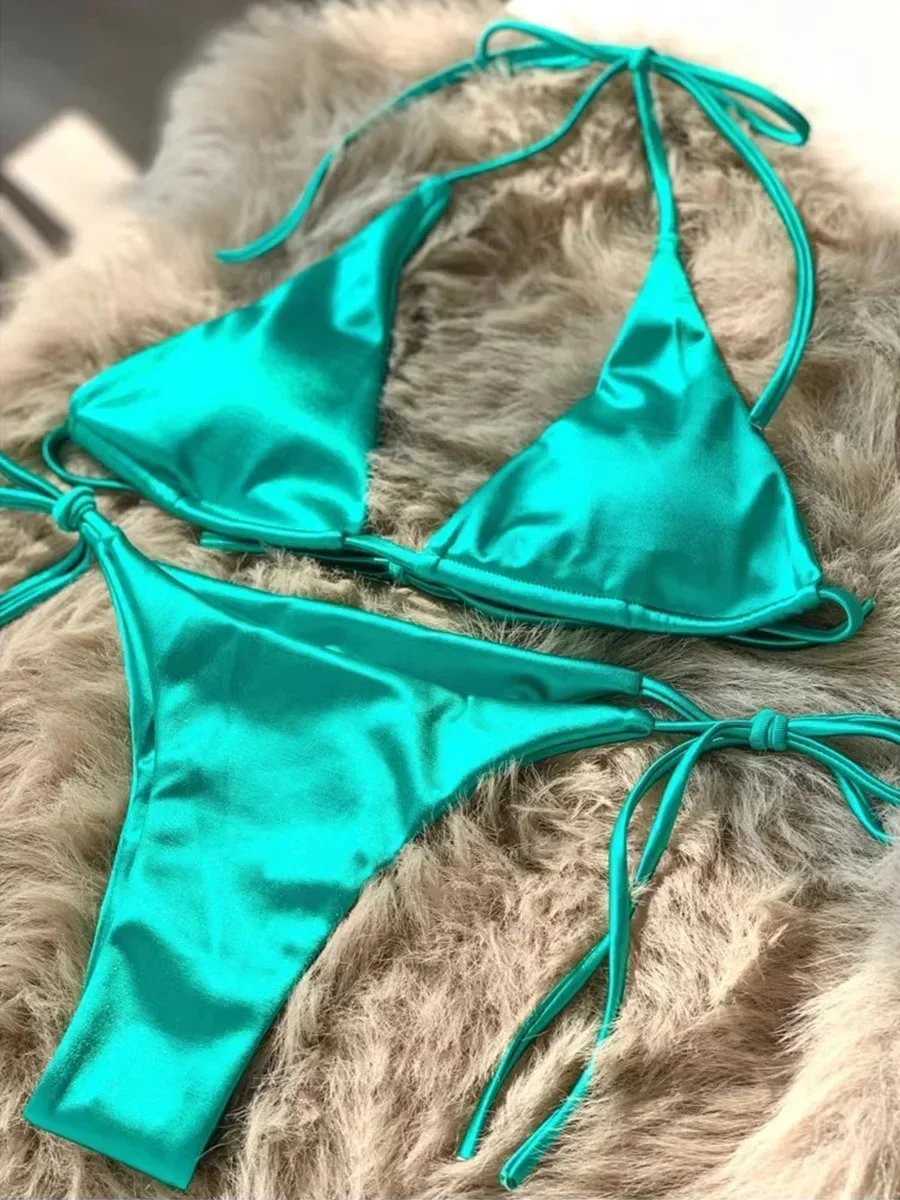 Halter Brazilian Metallic Satin Bikini Women Swimwear Female Swimsuit Two-pieces Bikini Set High Cut