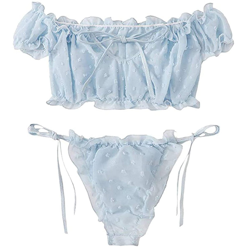 2PCS Off Shoulder Lace Up Bikini Set Women Sweet Casual Short Sleeve Swimsuits Beachwear Bathing