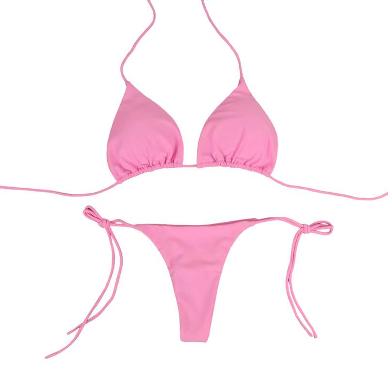 Solid Color Tie-Side G-String Bikini Set Breathtaking Bathing Suit with Feminine Bandage Design Sexy