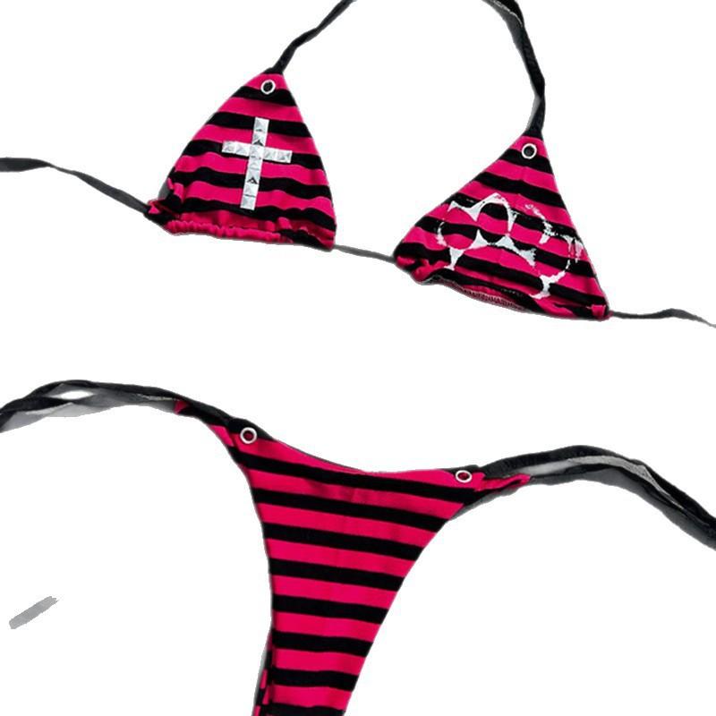 Strappy triangle cup bikini set, sexy subculture gothic style thong swimsuit, beach vacation