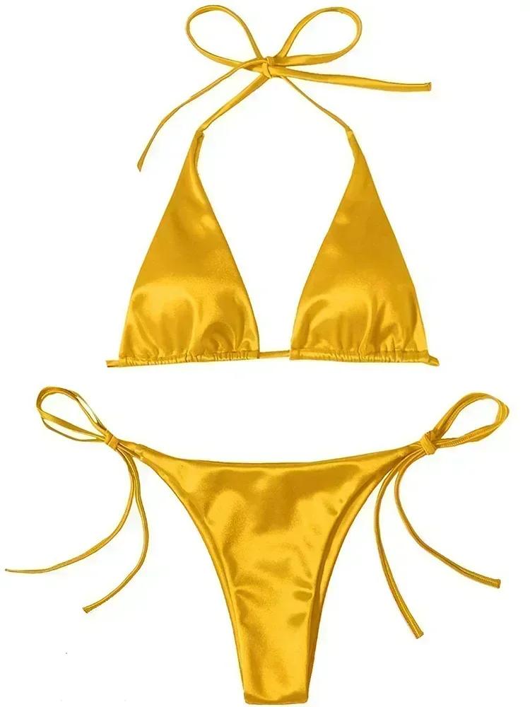 Halter Brazilian Metallic Satin Bikini Women Swimwear Female Swimsuit Two-pieces Bikini Set High Cut