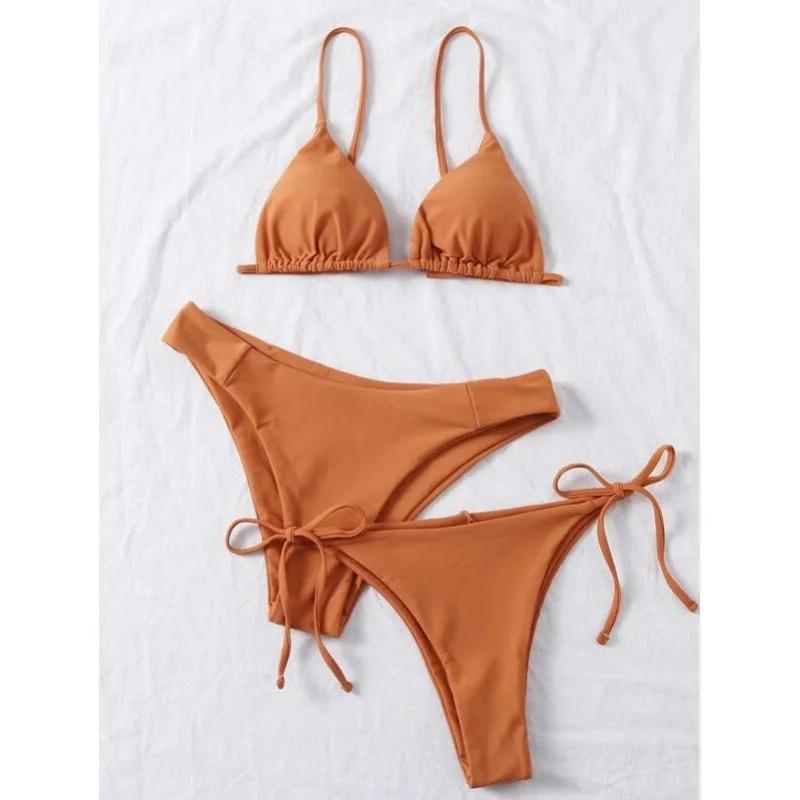 Sexy 3 Piece Bikini Set Women Solid Blue Purple Push Up Bandage Triangle Swimsuit Brazilian Beach