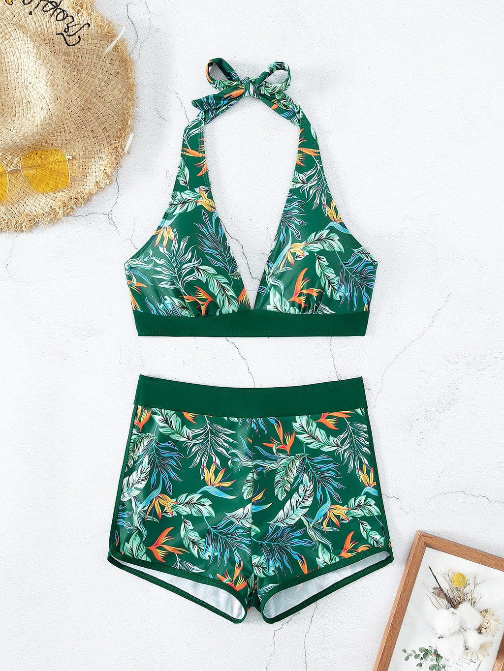 2026 Halter Bikini Set Short Swimsuit Women High Waist Swimwear Female Printed Bathers Swimming