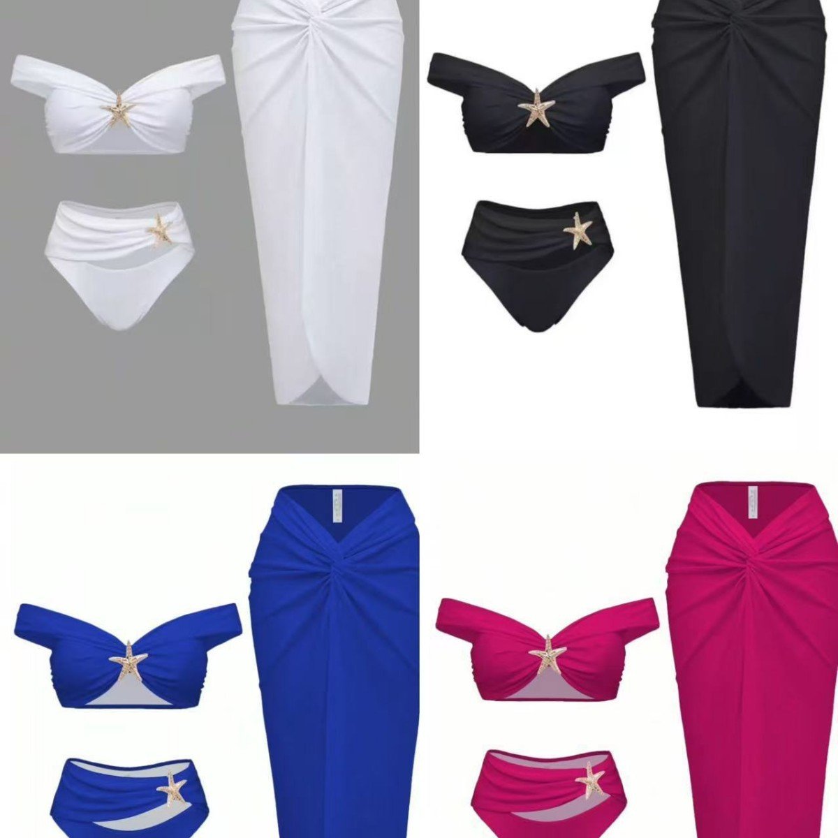 Women's Sexy Bikini Set Beachwear Metallic Starfish Bikini Folds Long Skirts Three Piece Sets Hot