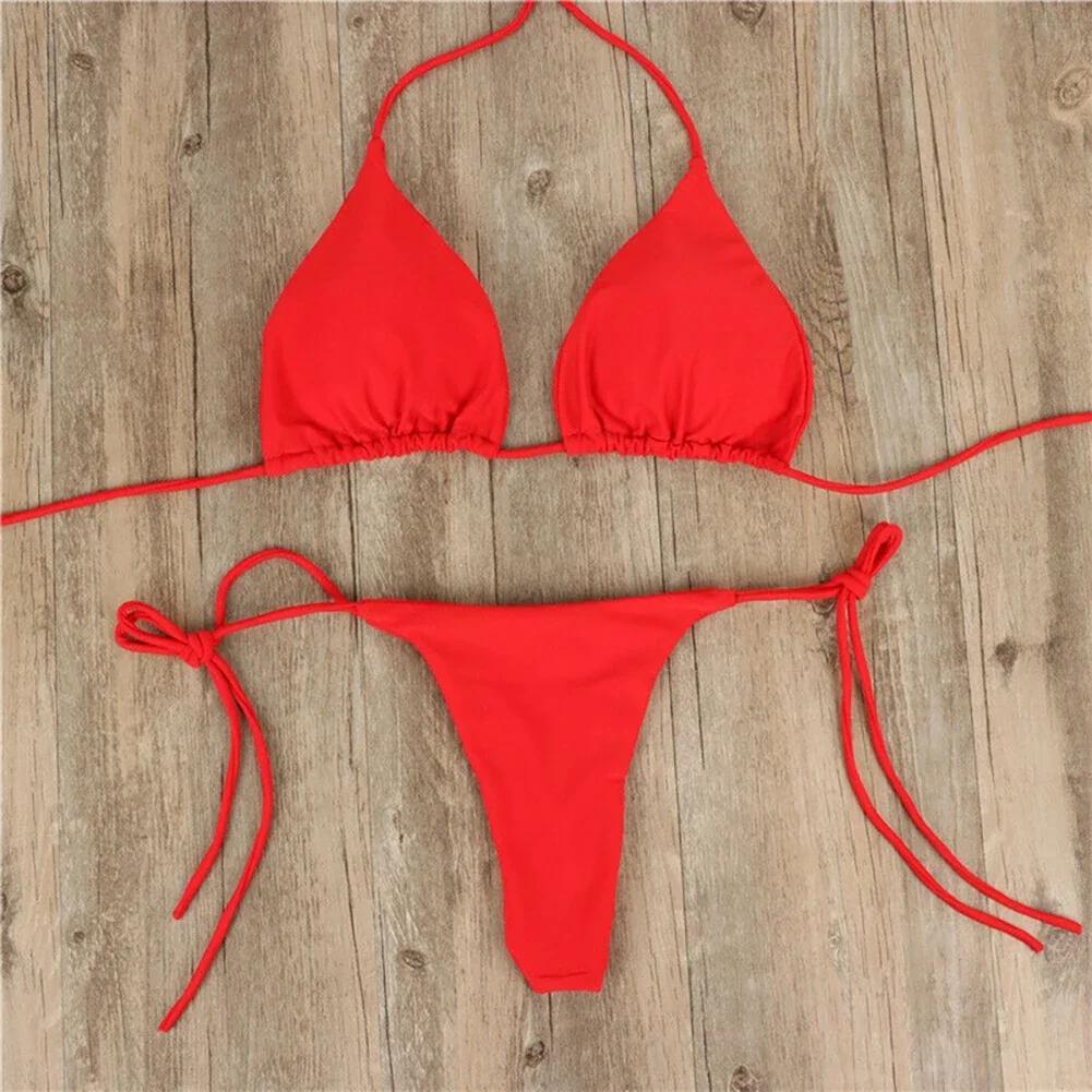 2 Pcs/Set Bikini Set Sexy Bikinis Bathing Suit Solid Color Halter Neck Strap Thong Women Swimsuit