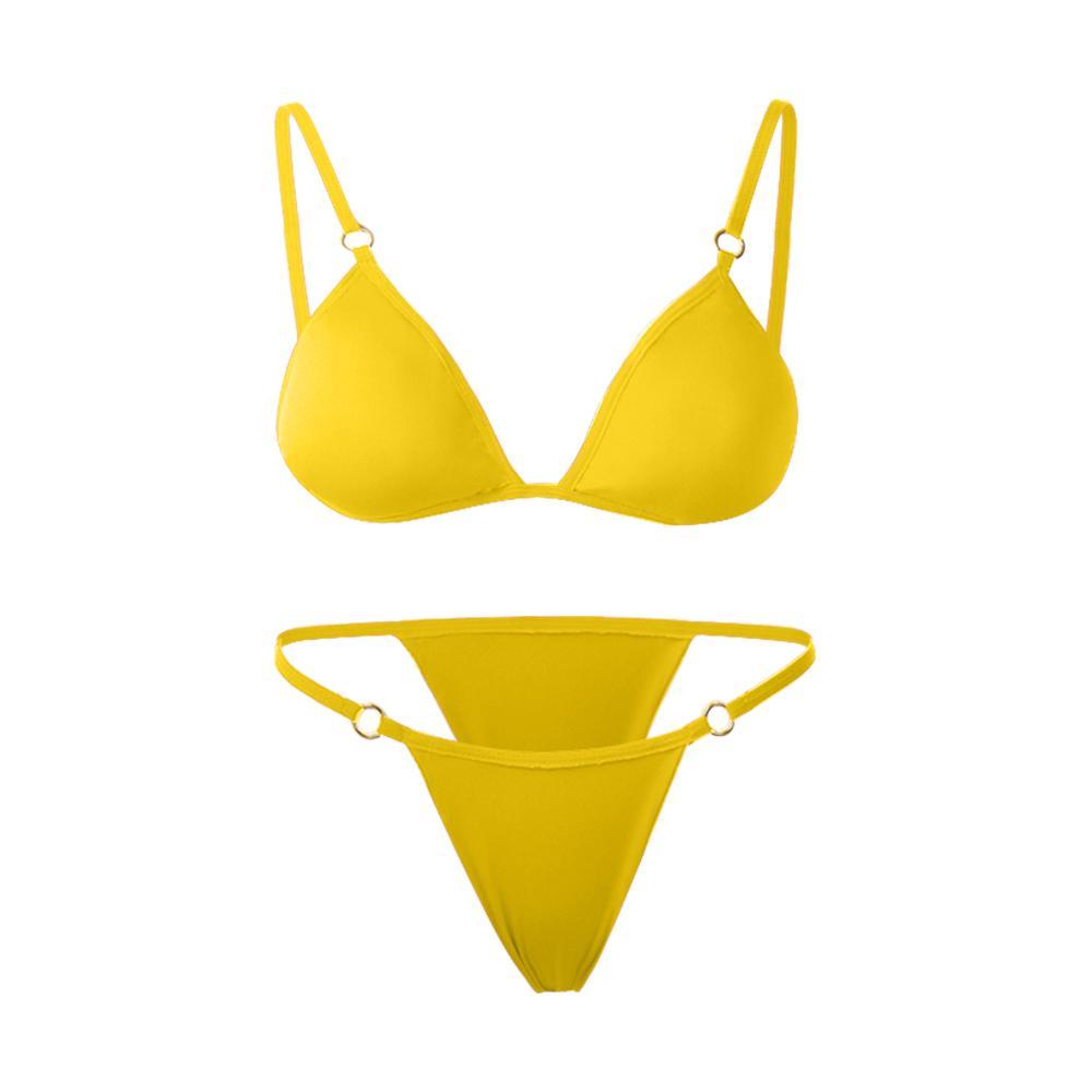 Ladies Sexy Solid Color Sling Bikini Set Metal Buckle Decorated Brazilian Swimwear Beach Vacation