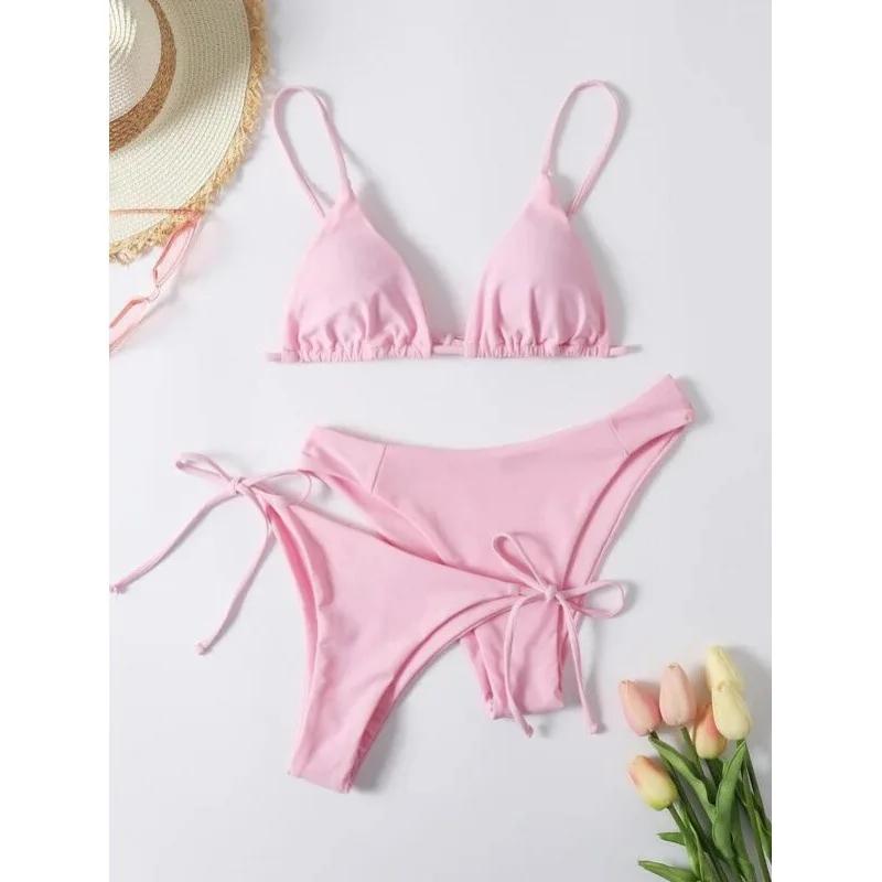 Sexy 3 Piece Bikini Set Women Solid Blue Purple Push Up Bandage Triangle Swimsuit Brazilian Beach
