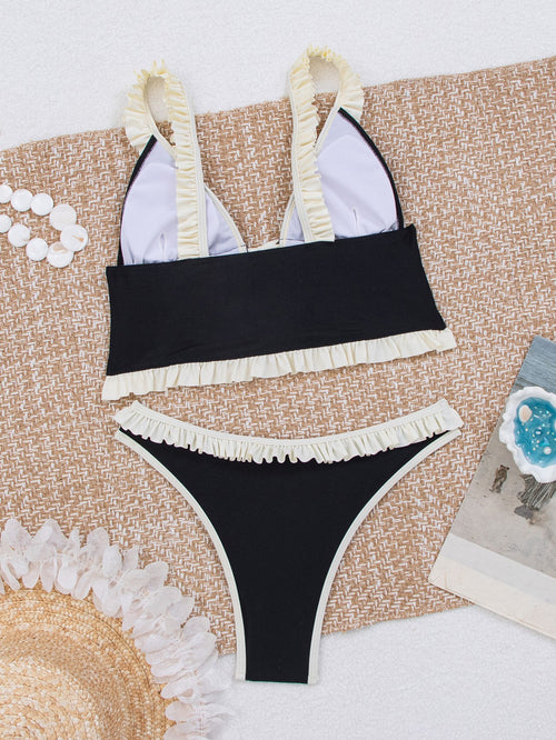 2026 Splicing V Neck Tankini Frilled Bikini Female Swimsuit Women Swimwear Two-pieces Bikini set