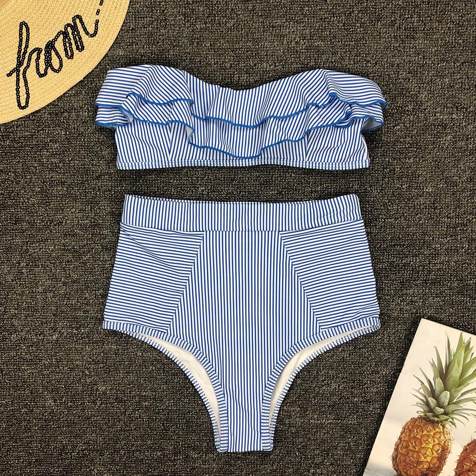 Sexy Striped Ruffled Bikini 2026 Bandeau Push Up Swimwear Women Swimsuit High Waist Bikinis Set