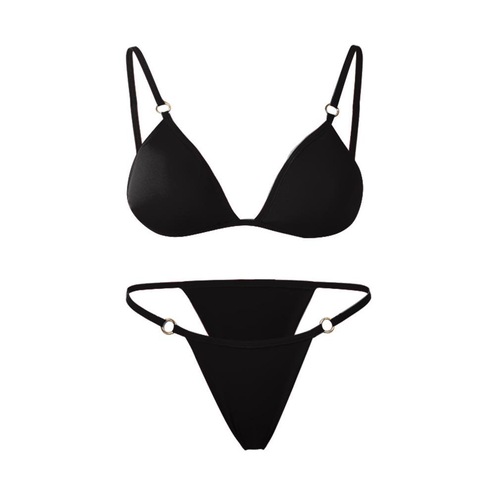 Ladies Sexy Solid Color Sling Bikini Set Metal Buckle Decorated Brazilian Swimwear Beach Vacation