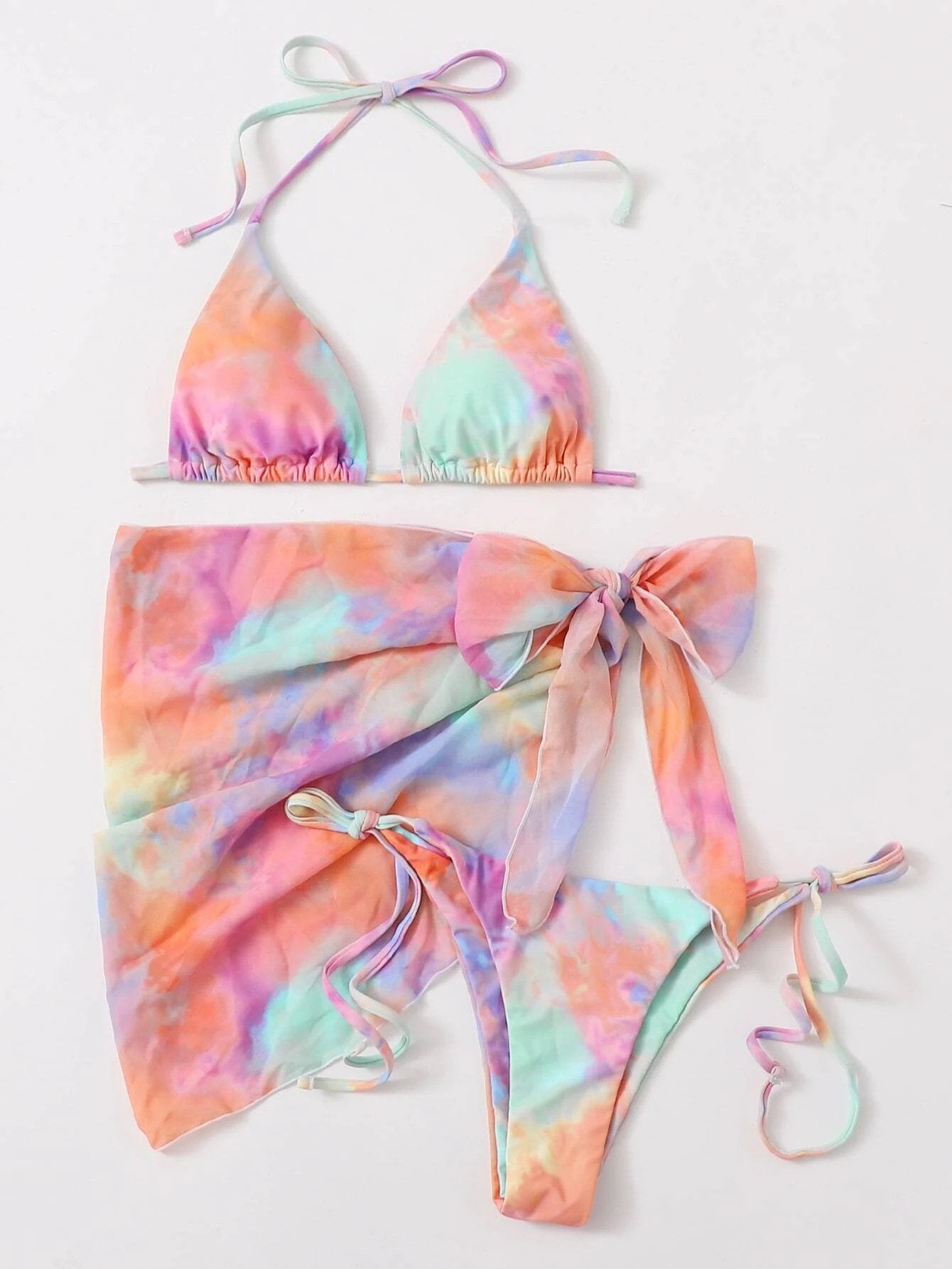 Women pink micro mini string bikini sets 4 pieces with mesh cover tops and skirt swimsuit bathing