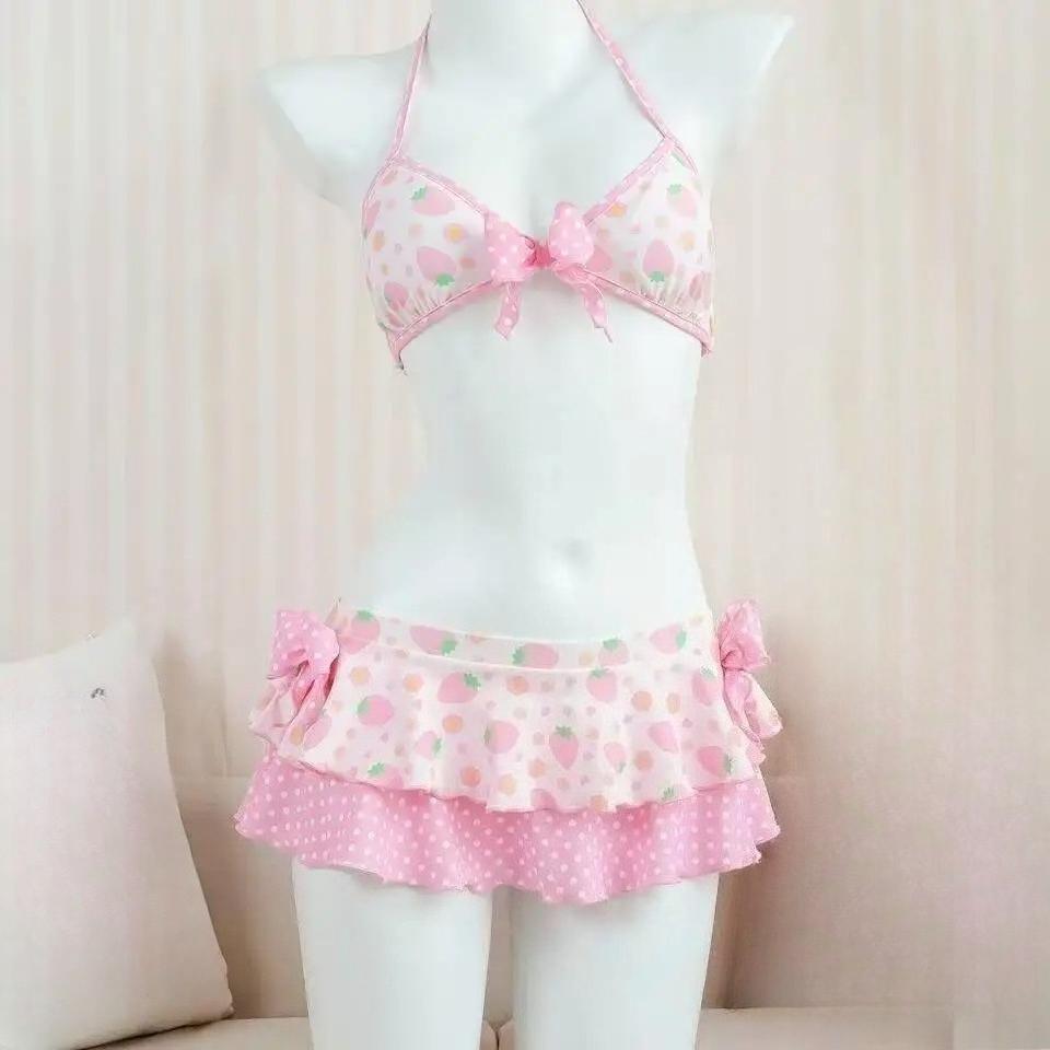 Japanese Style Kawaii Girls Swimsuit Sweet Printed Halter Bikini Swimsuit Women Ruffle Bikini Set