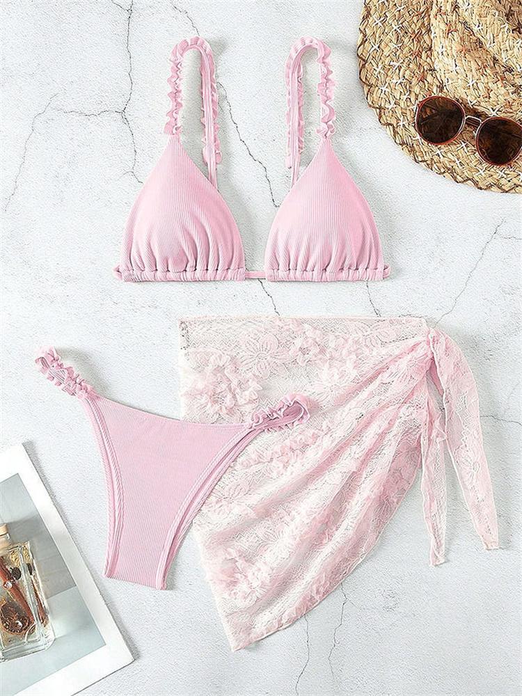 Sexy Pink Mesh Skirt 3 Piece Bikini Set 2026 Women Ruffles Pleate Push Up Thong Swimsuit Beach