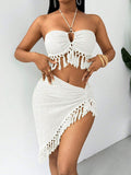 Sexy Tassels Bikini Women's Swimsuit 2026 2 Piece Swimwear Female Outfits Halter Top High Slit Skirt