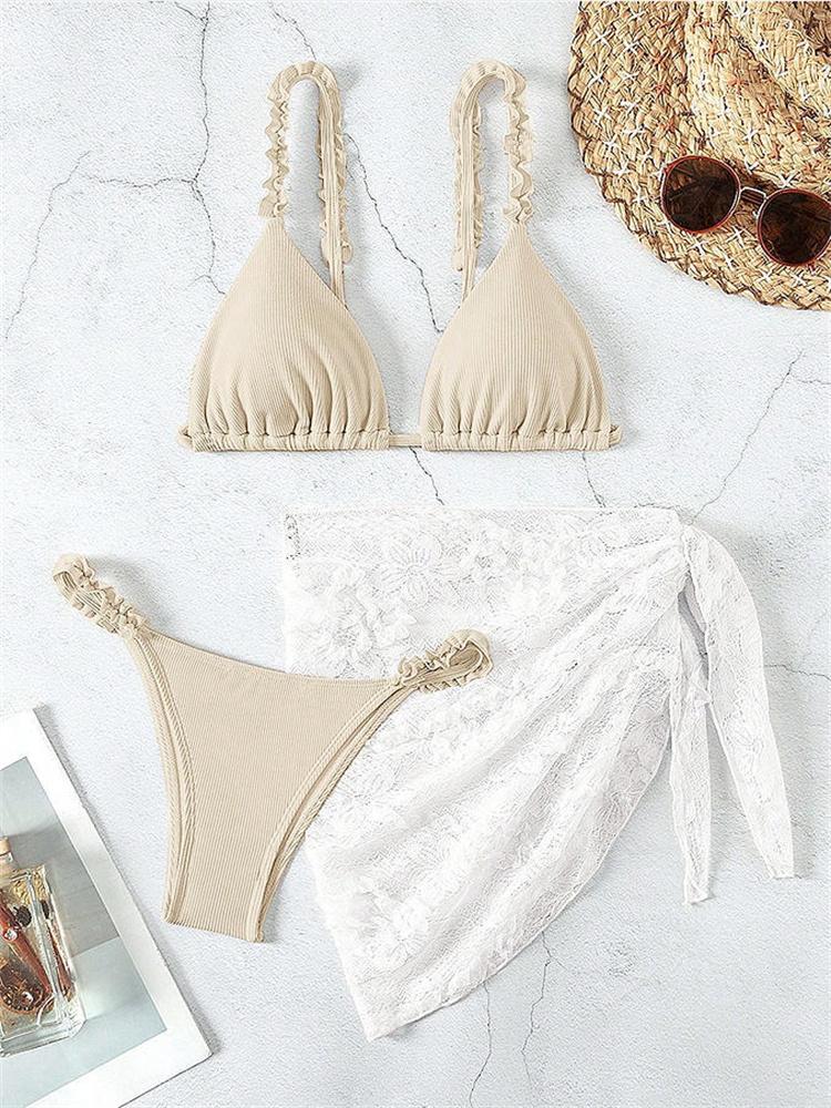 Sexy Pink Mesh Skirt 3 Piece Bikini Set 2026 Women Ruffles Pleate Push Up Thong Swimsuit Beach