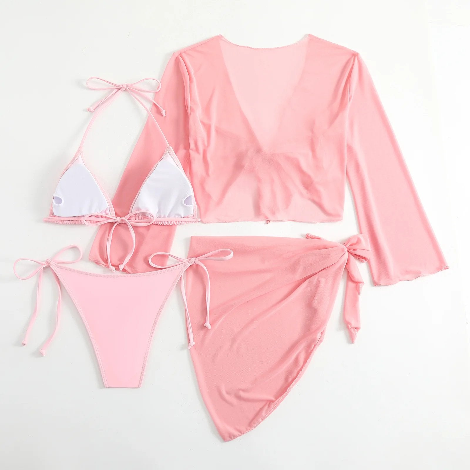 Women pink micro mini string bikini sets 4 pieces with mesh cover tops and skirt swimsuit bathing