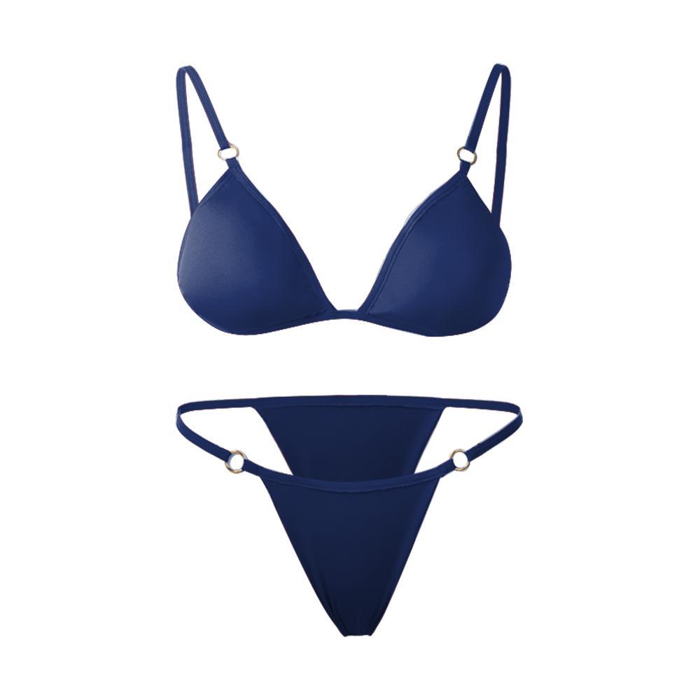 Ladies Sexy Solid Color Sling Bikini Set Metal Buckle Decorated Brazilian Swimwear Beach Vacation