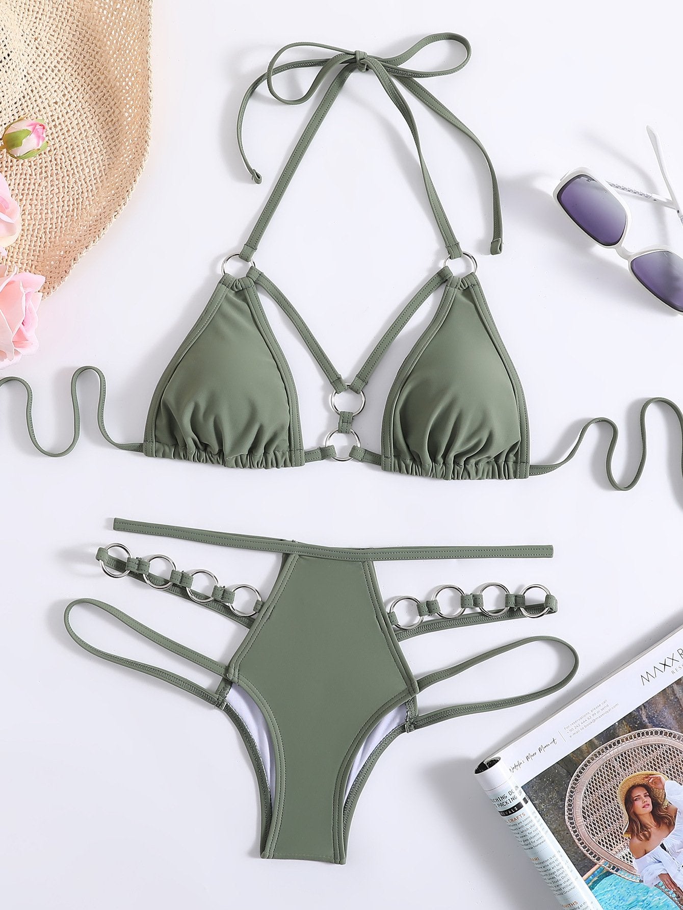 sexy army green push up ring bikinis sets two pieces high waist padded bathing suit beach wear women