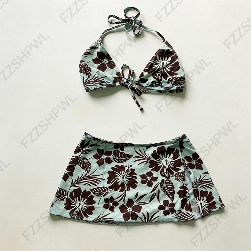 2 Piece Women's Summer Beach Bikini Set Sexy Slim Chic Floral Print Halter Neck Swimsuit Set 2000s