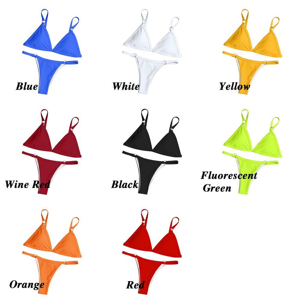 Ladies Sexy Solid Color Sling Bikini Set Metal Buckle Decorated Brazilian Swimwear Beach Vacation