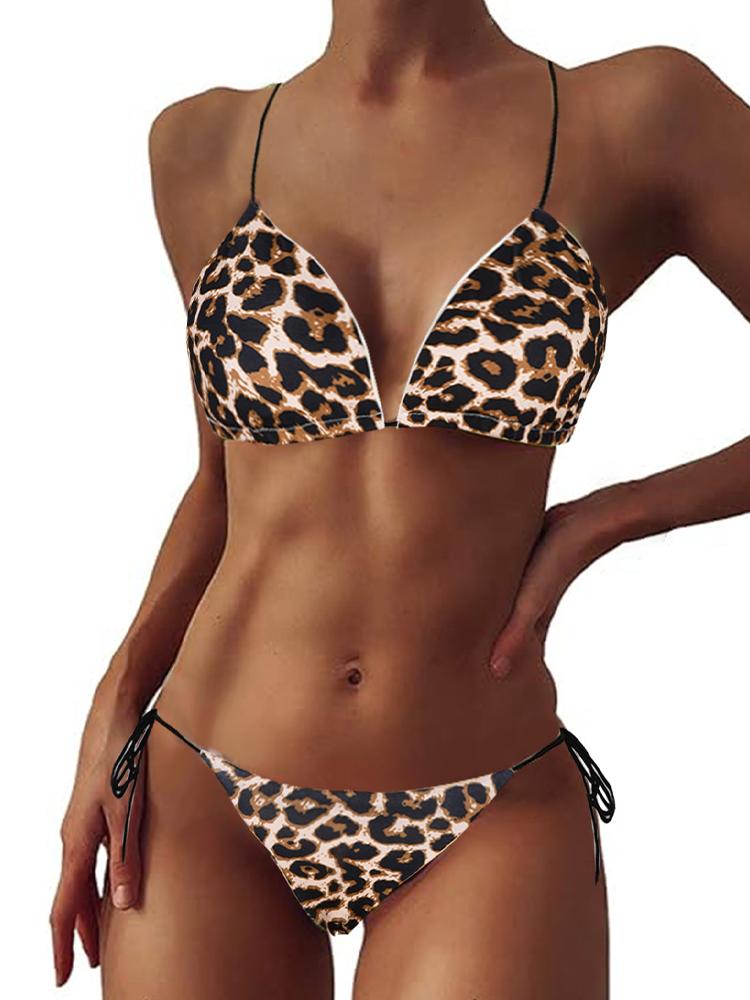 2 Pcs/Set Bikini Set Sexy Bikinis Bathing Suit Solid Color Halter Neck Strap Thong Women Swimsuit