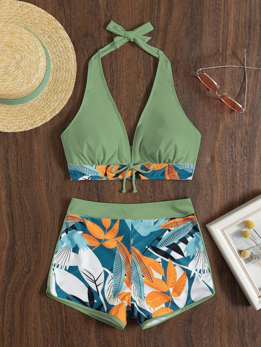2026 Halter Bikini Set Short Swimsuit Women High Waist Swimwear Female Printed Bathers Swimming