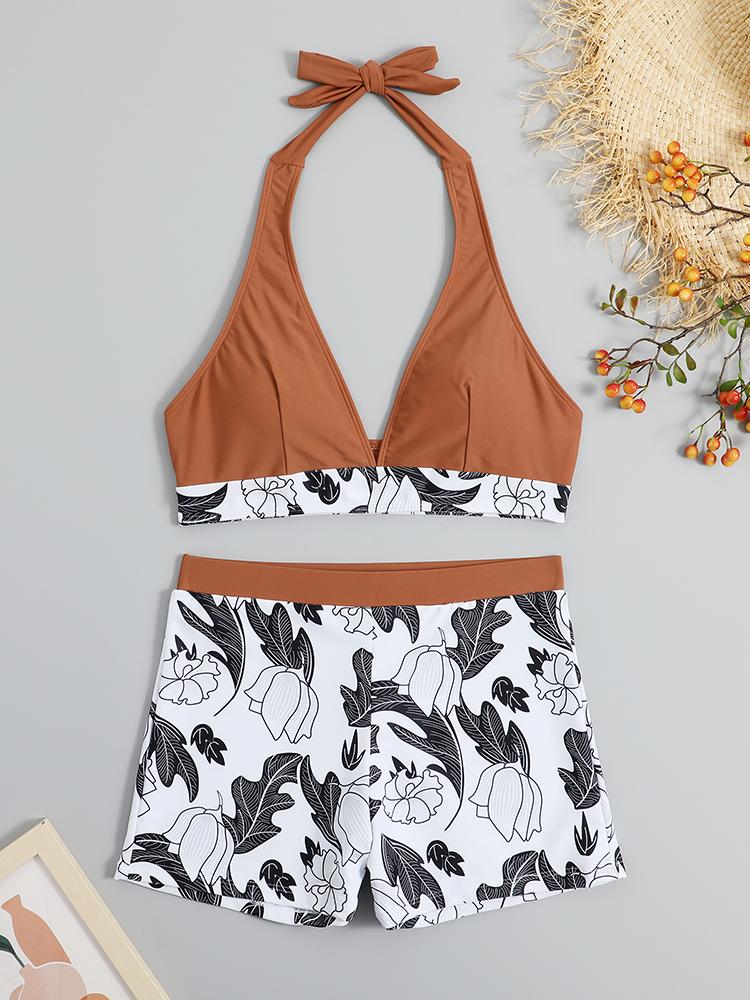 2026 Halter Bikini Set Short Swimsuit Women High Waist Swimwear Female Printed Bathers Swimming