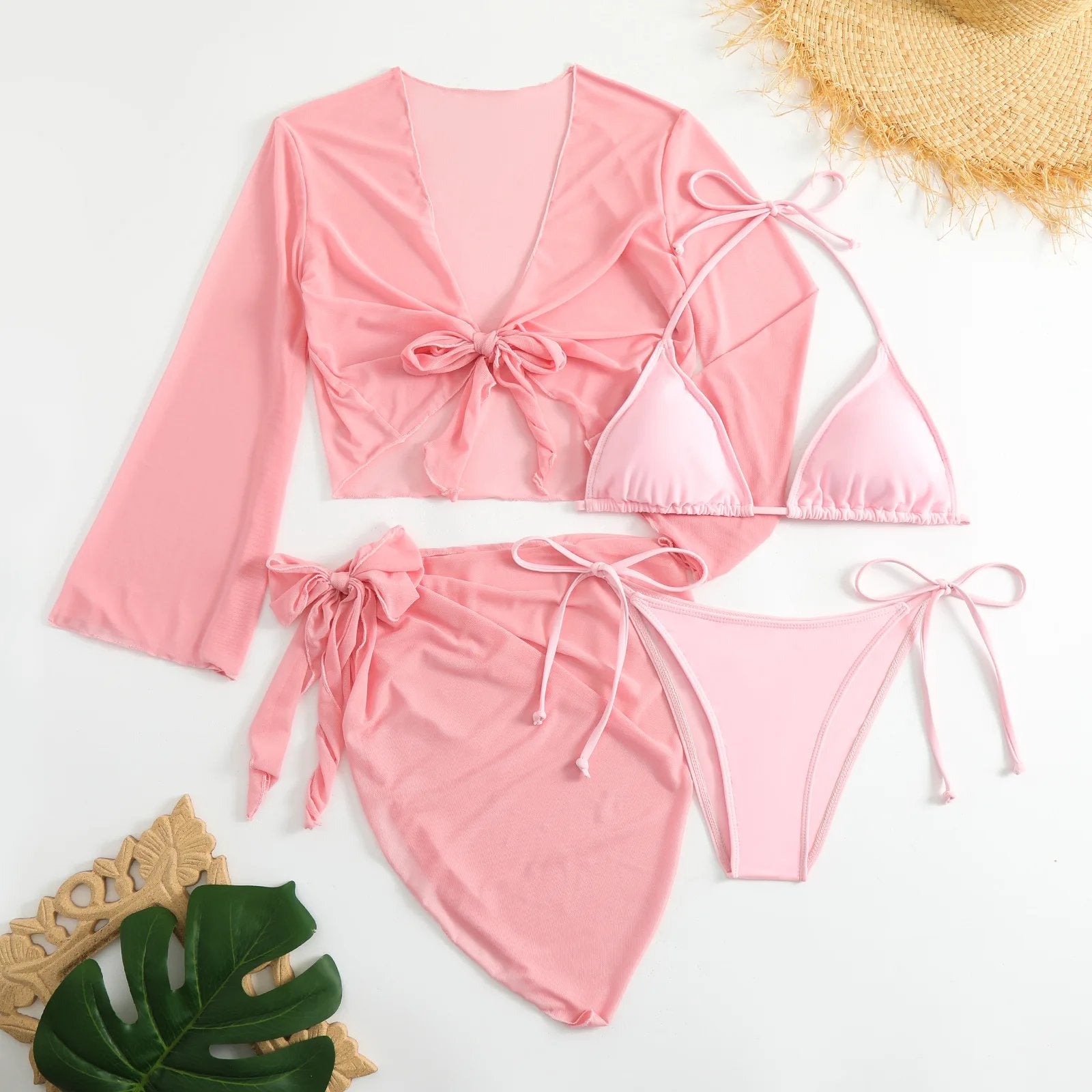 Women pink micro mini string bikini sets 4 pieces with mesh cover tops and skirt swimsuit bathing