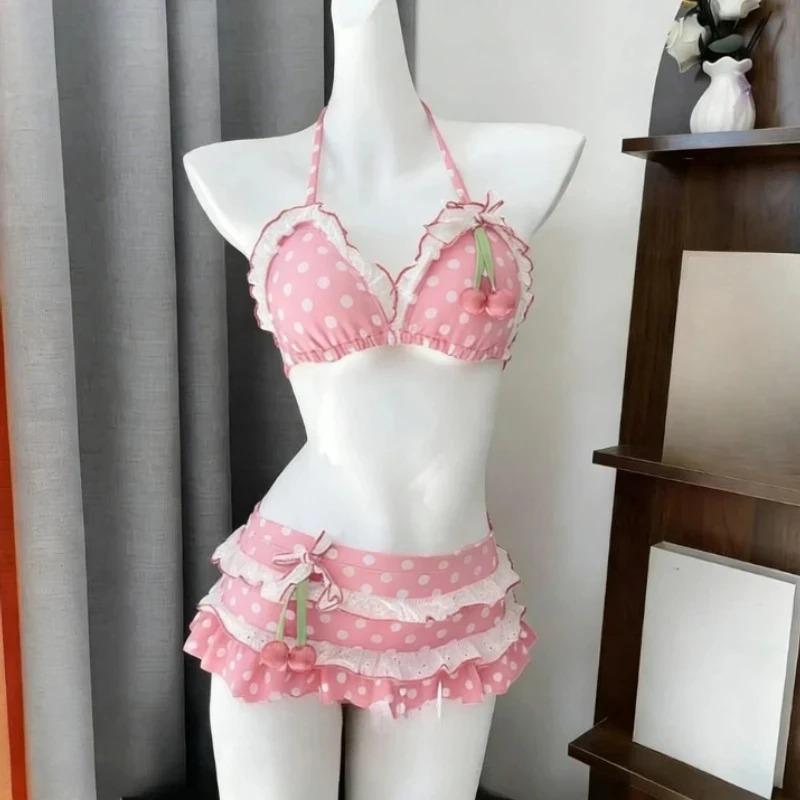Y2k Sweet Cherry Patchwork Bikini Set Women Sexy Beach Style Polka Dot Print Vacation Pool Party Hot
