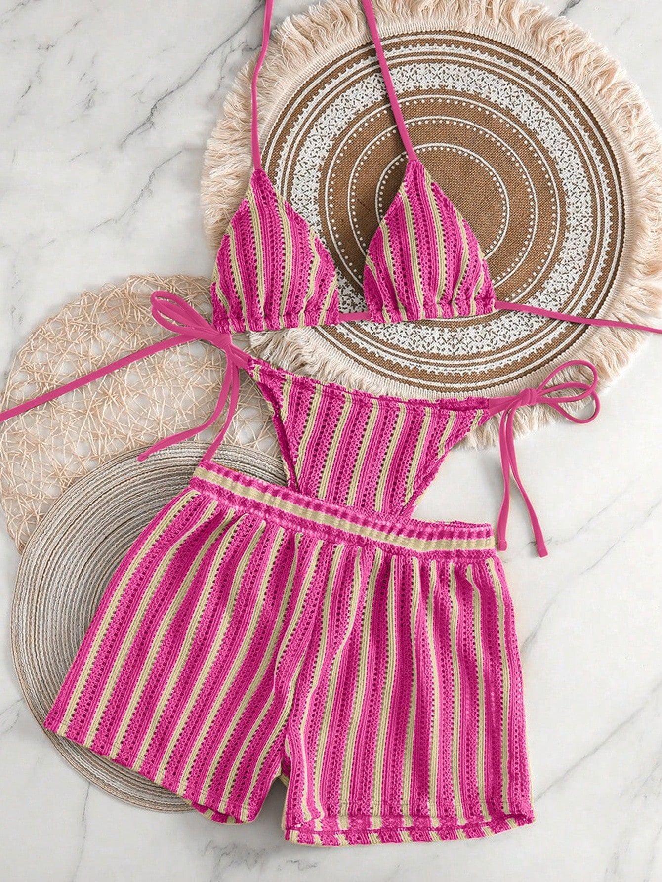Sexy Green Orange Striped Bikini Set Women Halter Push Up High Waist Panties 3 Piece Swimsuit 2026