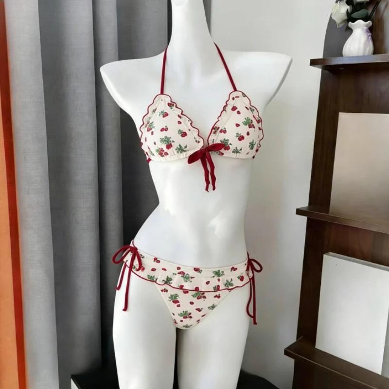Japanese Style Kawaii Girls Swimsuit Sweet Printed Halter Bikini Swimsuit Women Ruffle Bikini Set