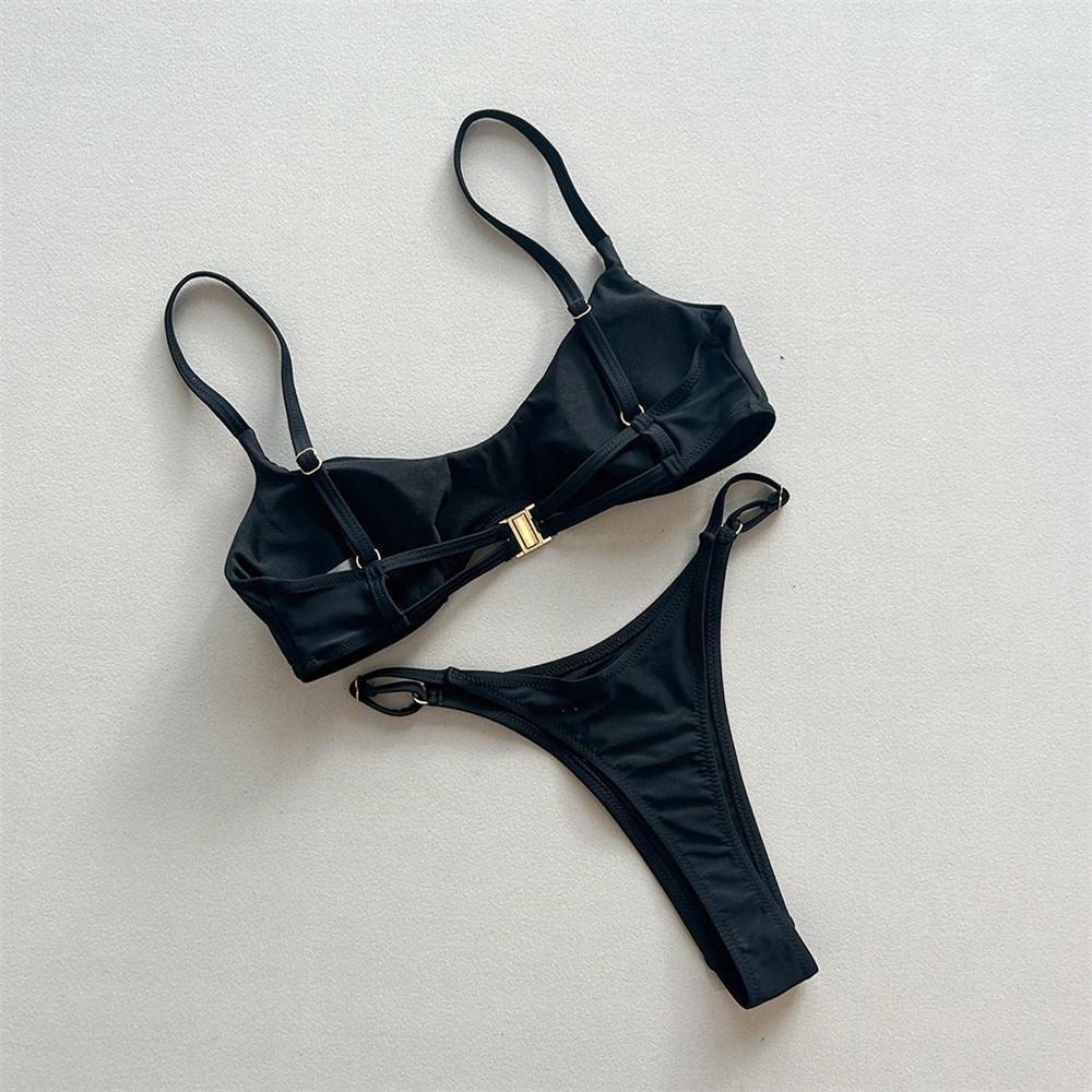 Sexy Solid Black Triangle Micro Bikini Thong Set Swimsuit Women 2026 Metal Ring Ladies Swimwear