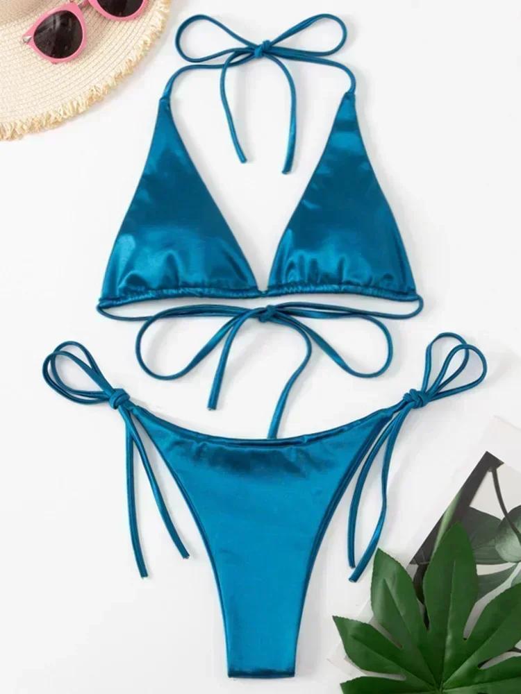 Halter Brazilian Metallic Satin Bikini Women Swimwear Female Swimsuit Two-pieces Bikini Set High Cut