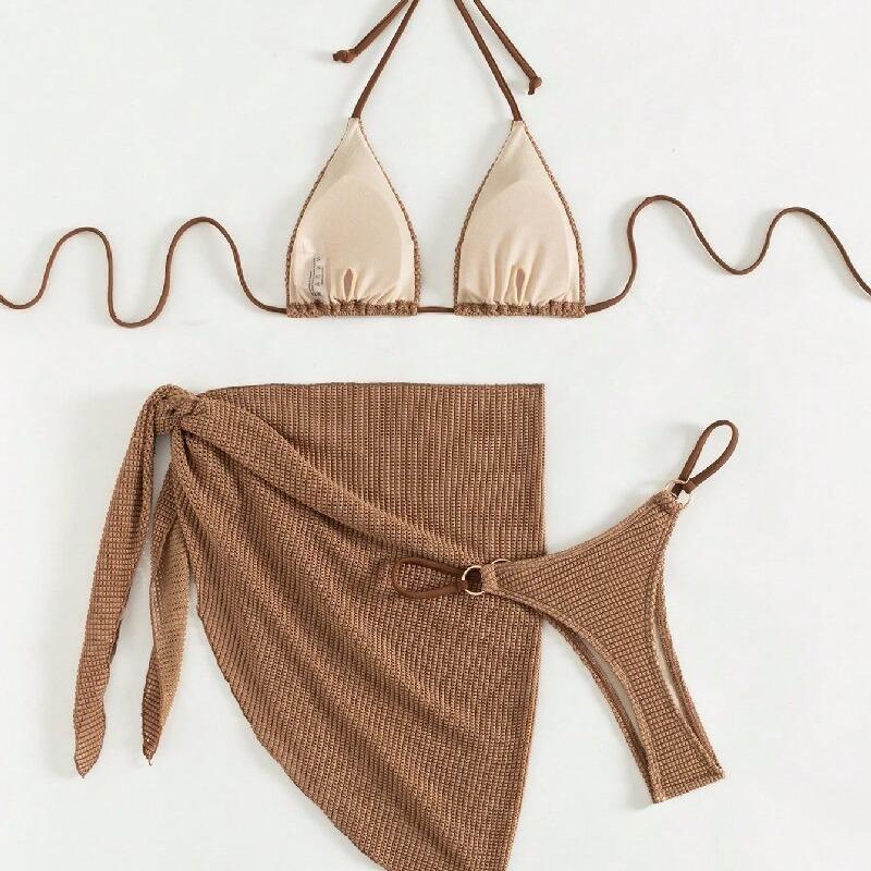 Sexy Brown Bikini Set 2026 Women Halter Push Up Bra Skirt 3 Piece Swimsuit Summer Bathing Suit Cover