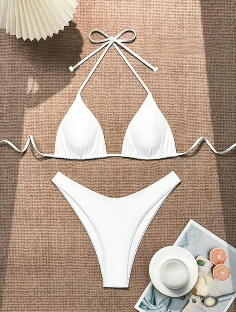 2026 Women White Bikini Chest Padded New Sexy Halter Bikini Two-Piece Set With Drawstring Straps