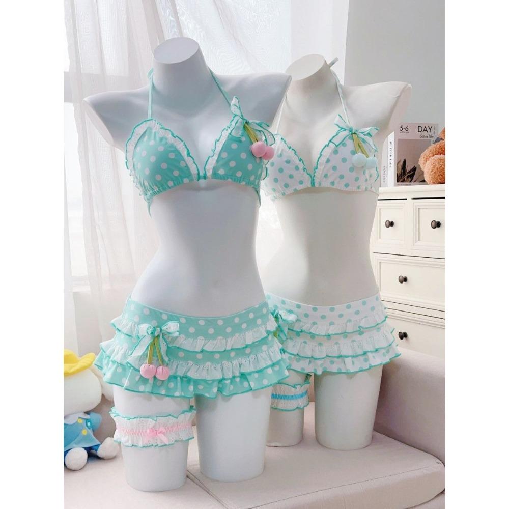 Japanese Style Kawaii Girls Swimsuit Sweet Printed Halter Bikini Swimsuit Women Ruffle Bikini Set