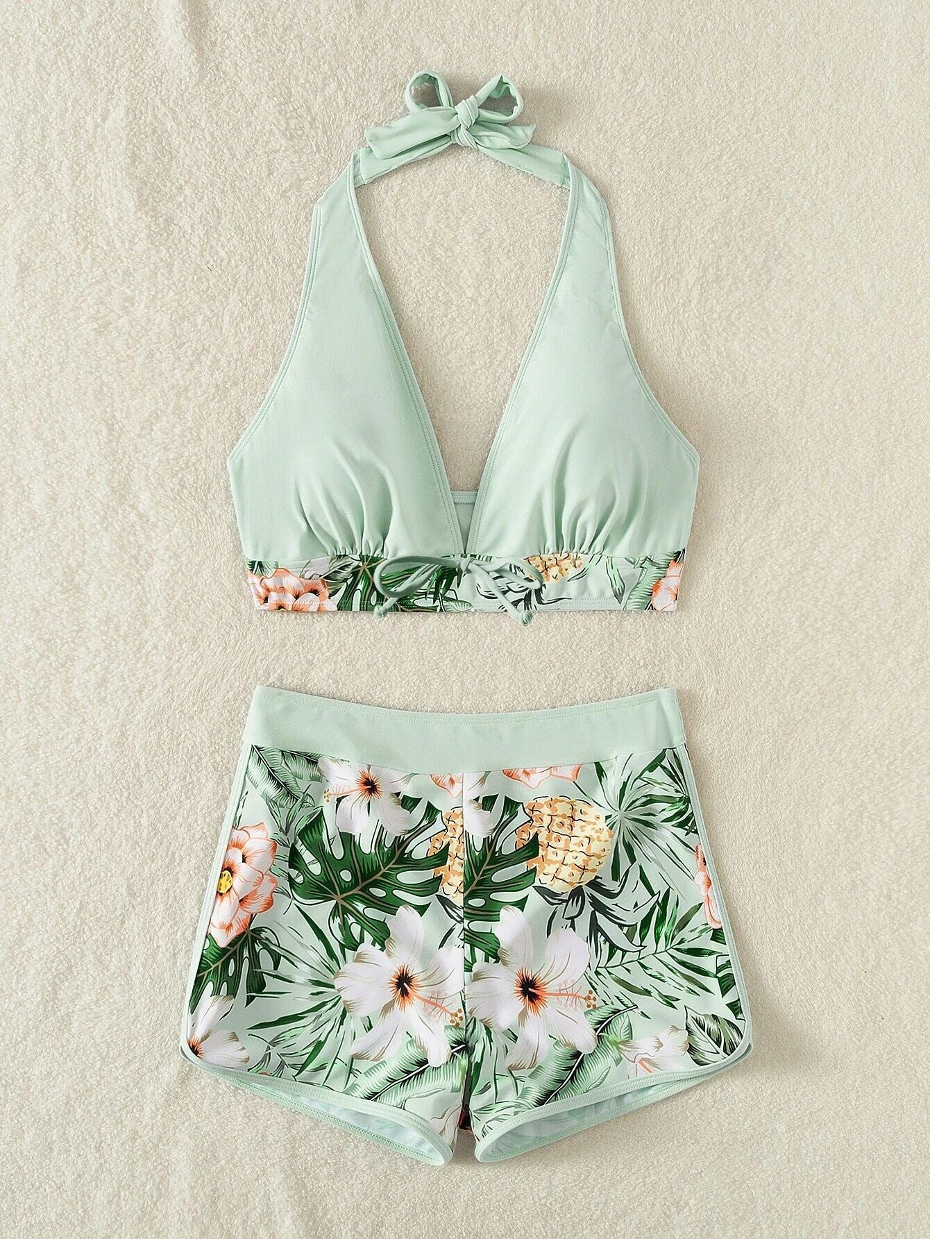 2026 Halter Bikini Set Short Swimsuit Women High Waist Swimwear Female Printed Bathers Swimming