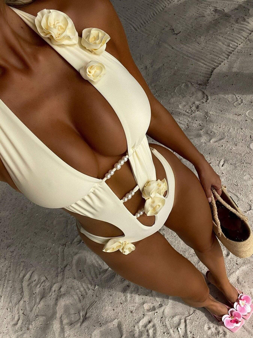 2026 New 3D Flowers One Piece Swimsuit Women Solid Sexy Hollow Out Swimwear Tropical Summer
