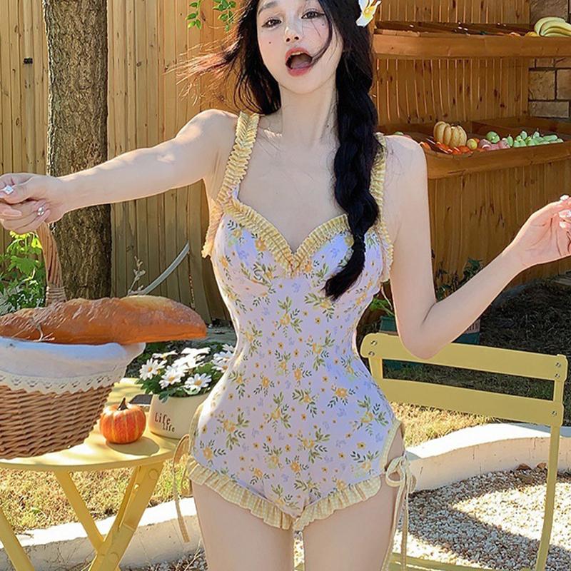 Korean Floral Swimsuit One Piece Soft Cup Cover Up Long Sleeve Hot Spring Spa Bikini Style