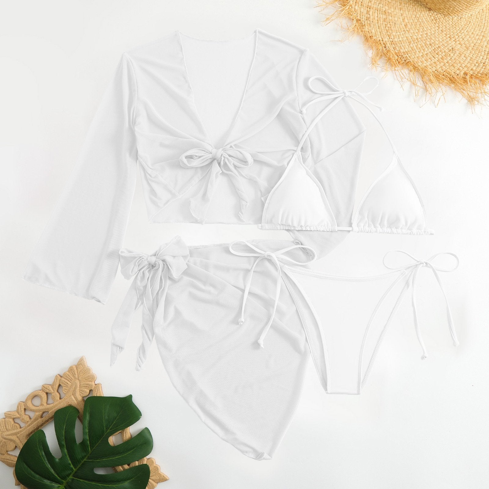 Women pink micro mini string bikini sets 4 pieces with mesh cover tops and skirt swimsuit bathing