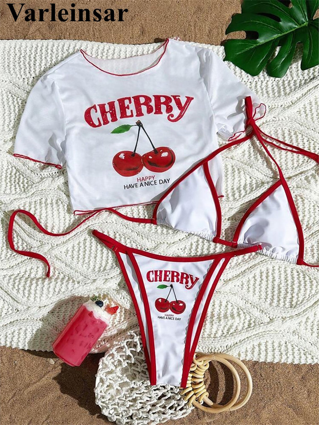 XS - L Cherry Printed Short Sleeve Bikini Female Swimsuit Women Swimwear Three-pieces Bikini set