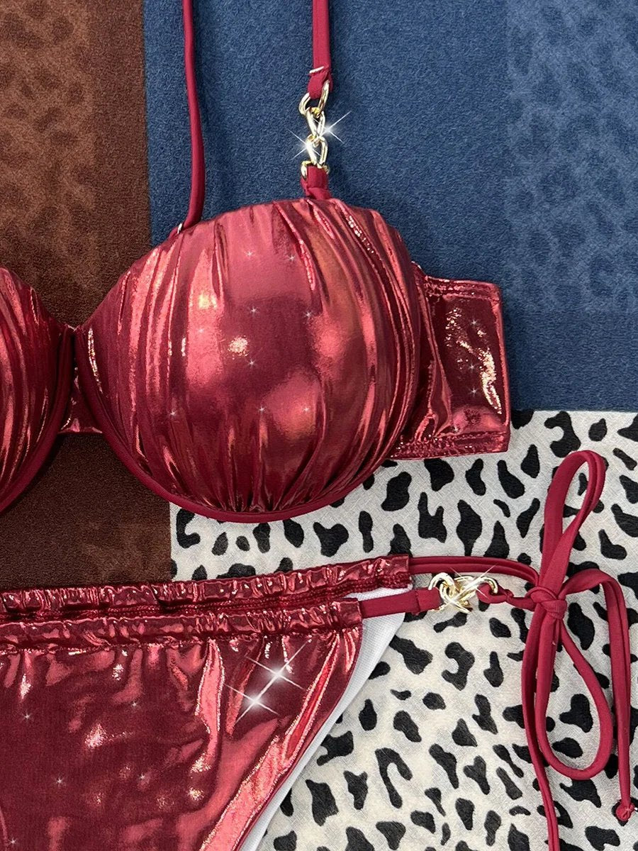 Shiny PU Leather Underwired Bra Cup Bikini Women Swimwear Female Swimsuit Two-pieces Bikini Set Push