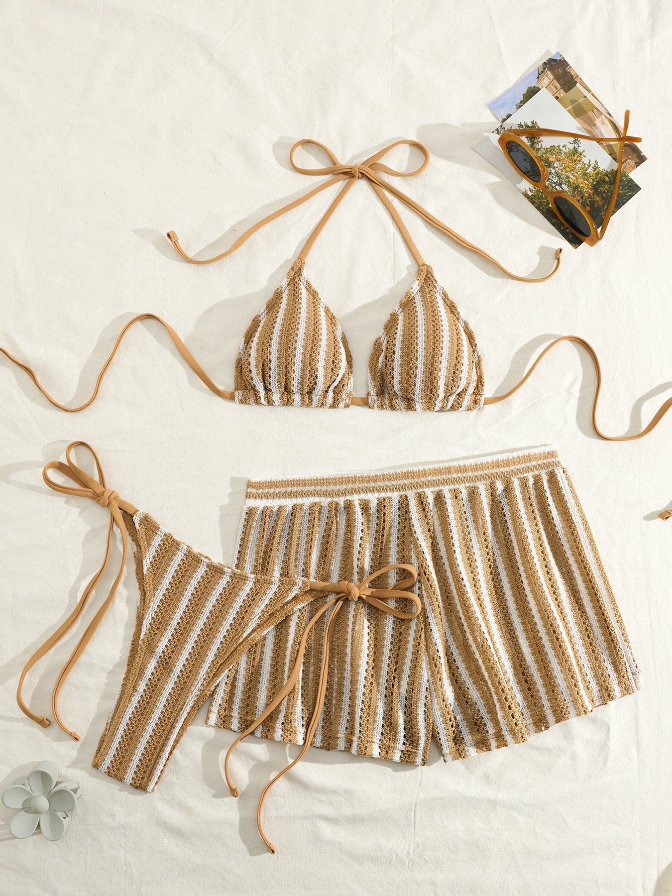 Sexy Green Orange Striped Bikini Set Women Halter Push Up High Waist Panties 3 Piece Swimsuit 2026