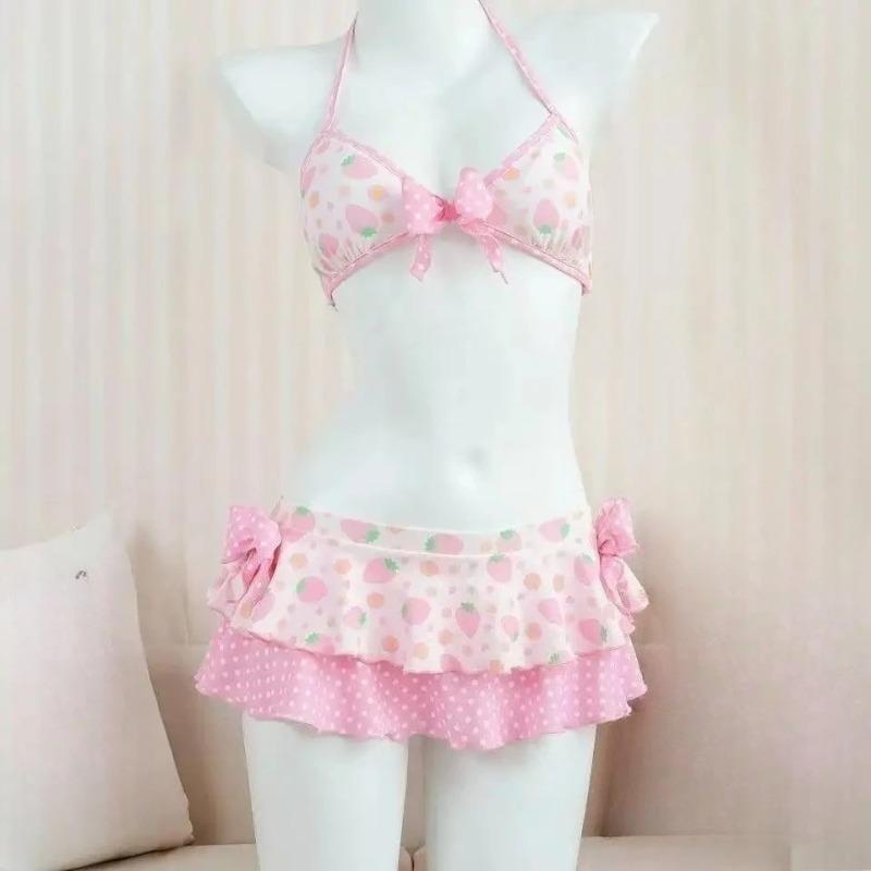 Kawaii Polka Dot Bikini Set Women Japanese Y2K Vintage Halter Neck Tops Mini Skirt Cute Casual