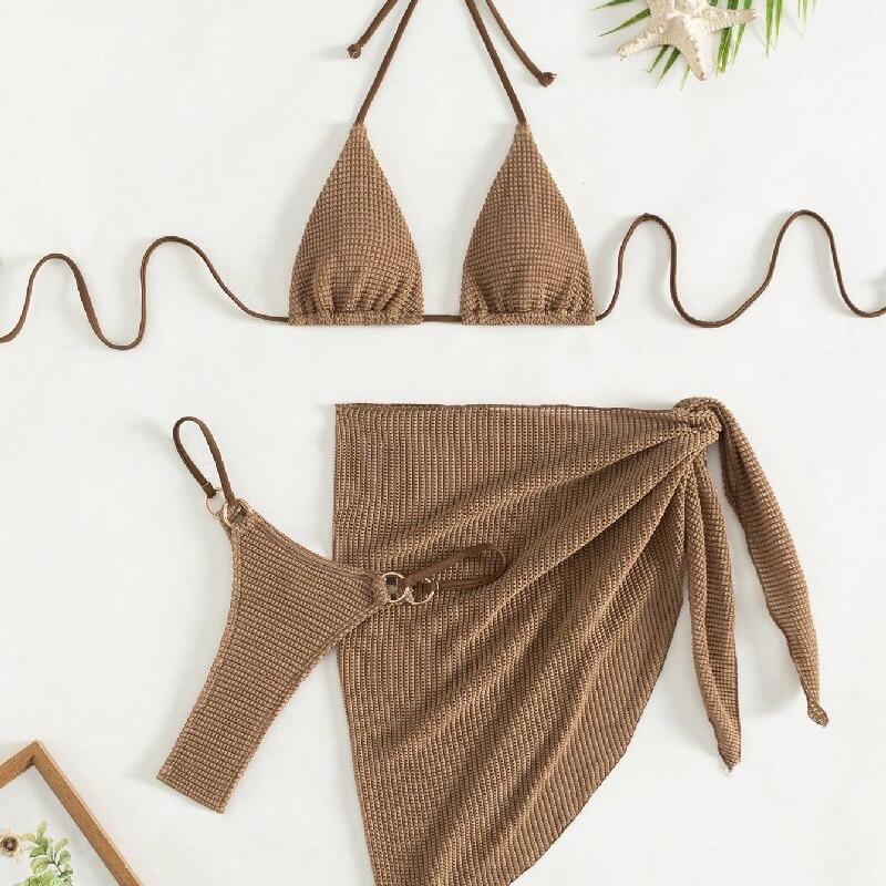 Sexy Brown Bikini Set 2026 Women Halter Push Up Bra Skirt 3 Piece Swimsuit Summer Bathing Suit Cover