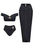 Women's Sexy Bikini Set Beachwear Metallic Starfish Bikini Folds Long Skirts Three Piece Sets Hot
