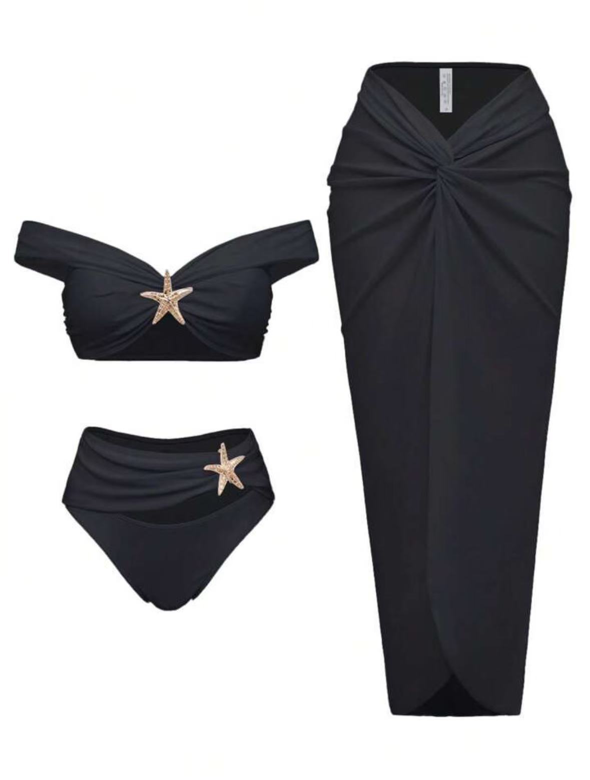 Women's Sexy Bikini Set Beachwear Metallic Starfish Bikini Folds Long Skirts Three Piece Sets Hot